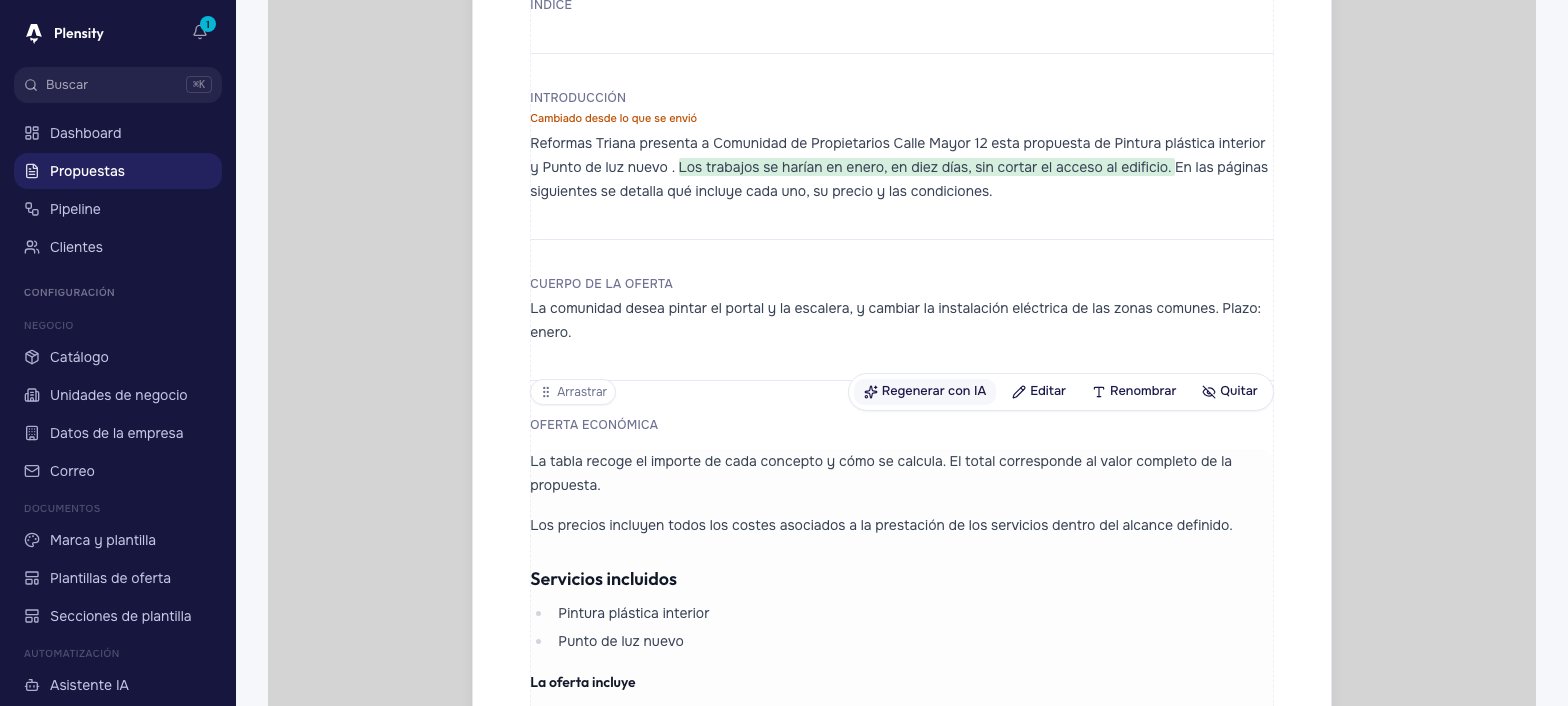 Control de cambios frente a lo que se envió al cliente