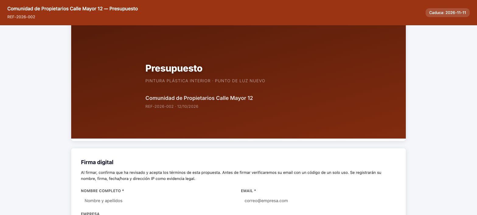 La oferta que recibe el cliente, con el color de la empresa, lista para firmar